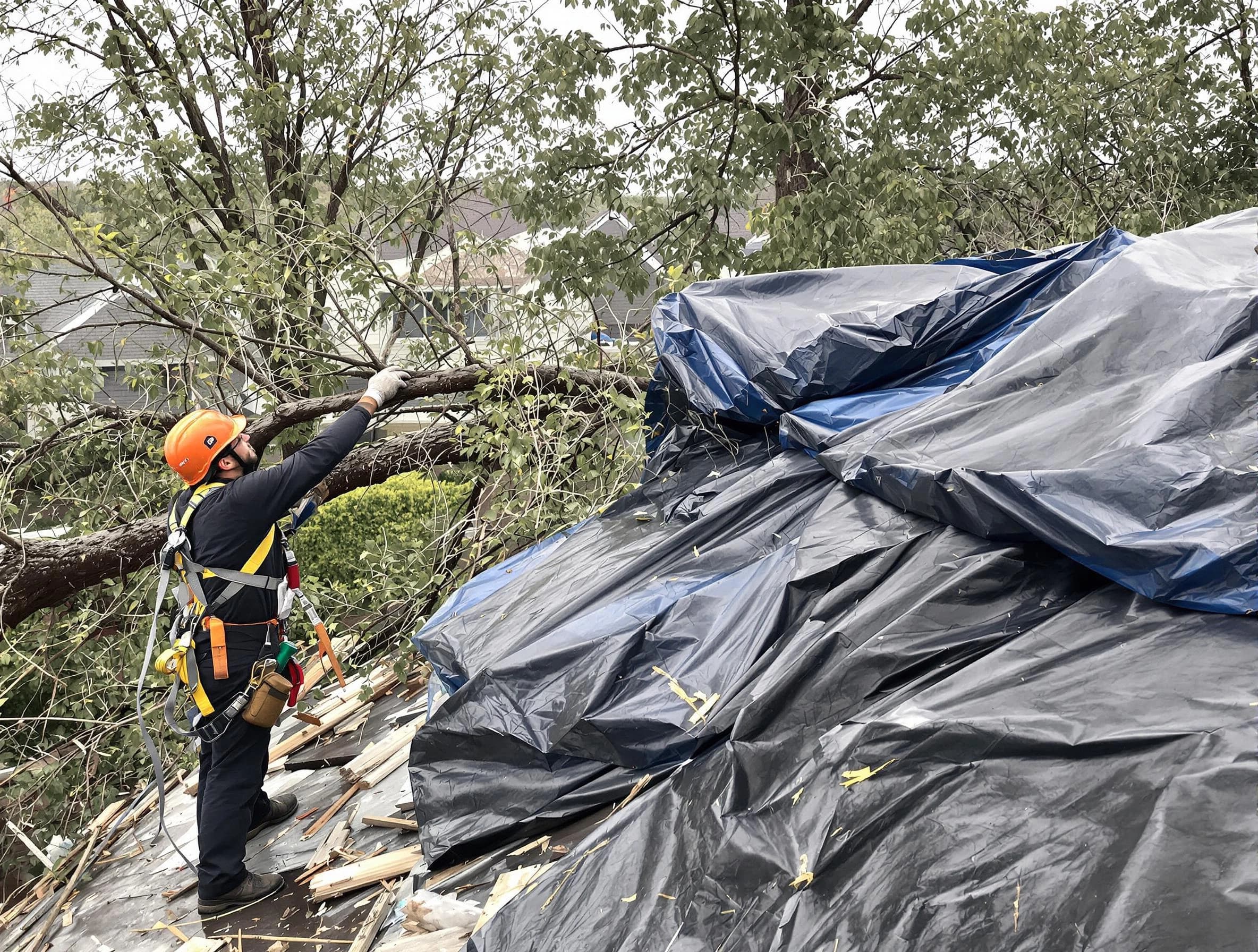 A tarped roof after storm damage repaired by Macedonia Roofing Company in Macedonia, OH