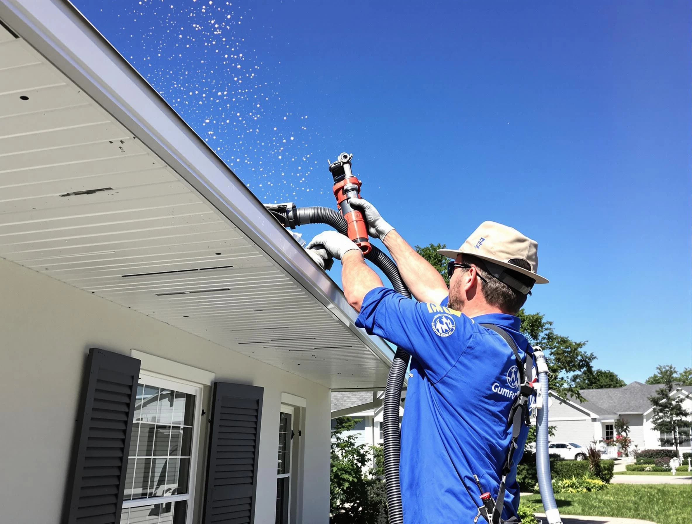 Technician completing a gutter cleaning project by Macedonia Roofing Company in Macedonia, OH